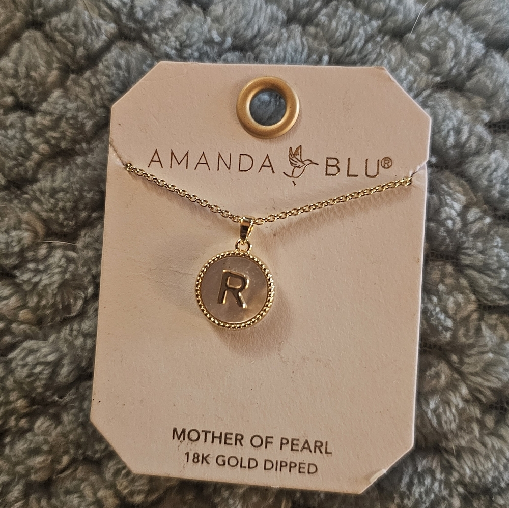 Amanda Blu Mother of Pearl Initial Necklace R – 18K Gold Dipped – New on Card